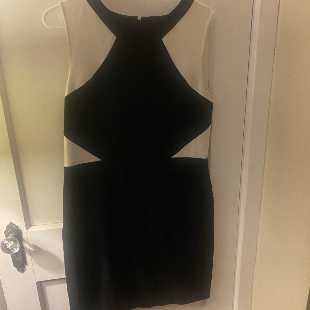 Black and white work dress, stretchy, figure flattering